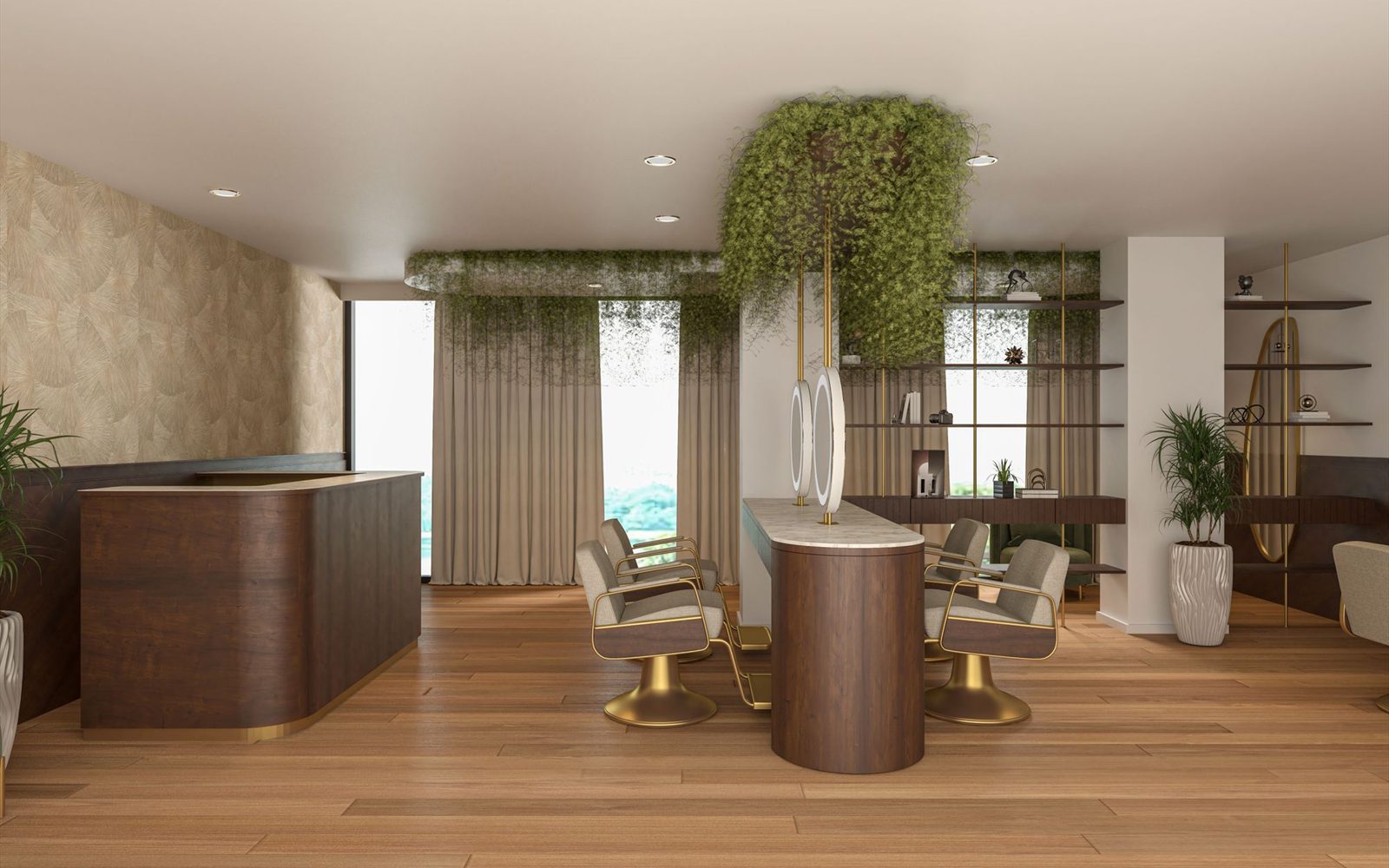 Light, plant-filled salon interior with styling chairs and mirrors