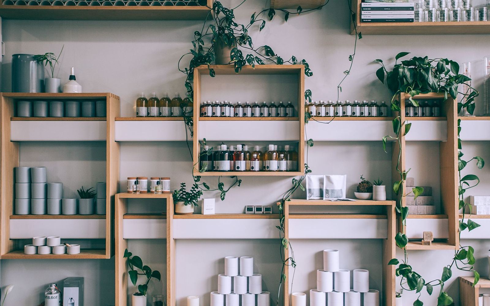 Shelves of vitamins and supplements in a health shop