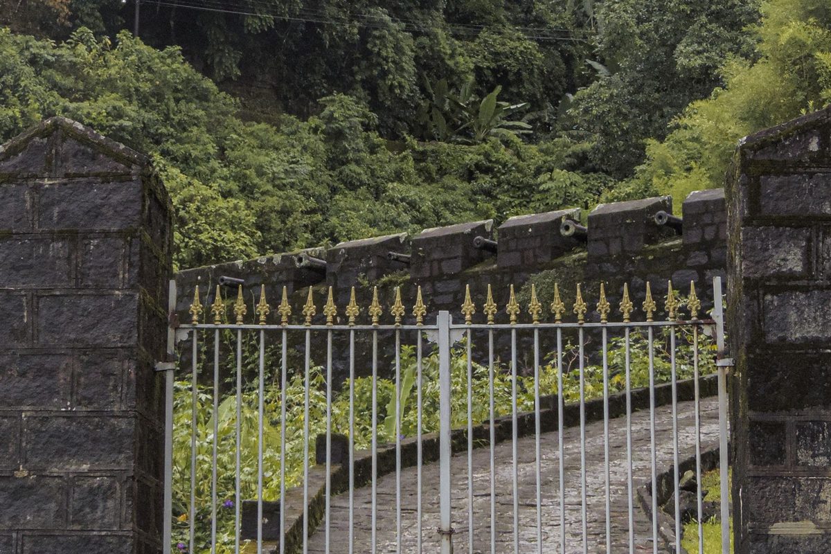 Palisade gate set into a stone boundary wall