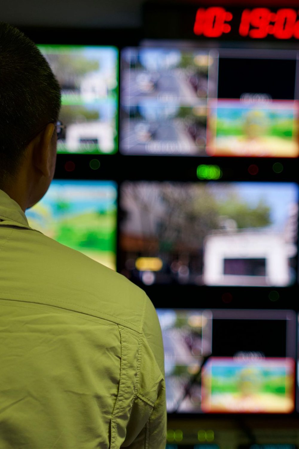 Control room operator watching a wall of camera feeds
