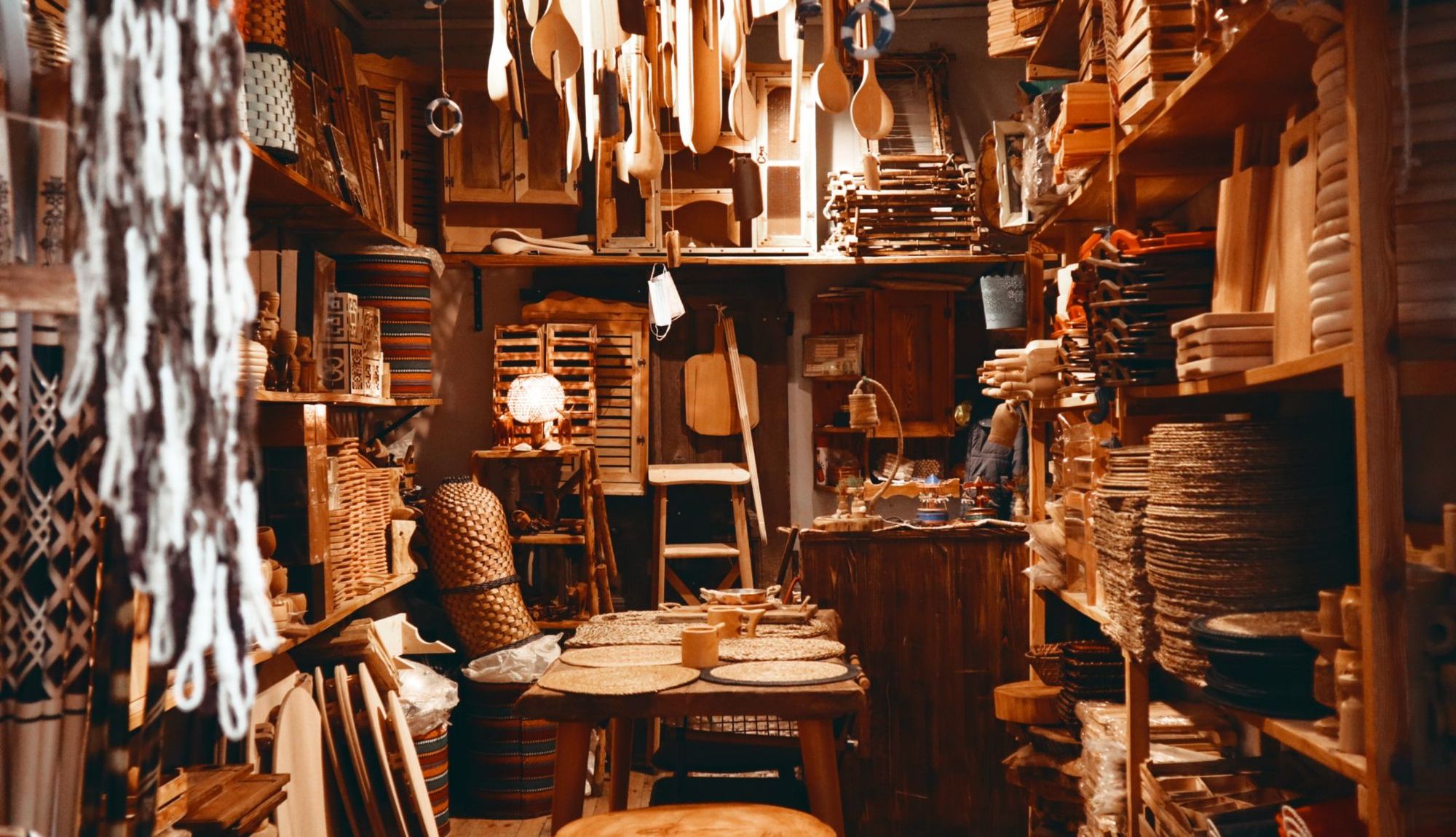 The shop floor, stacked with wooden goods and baskets