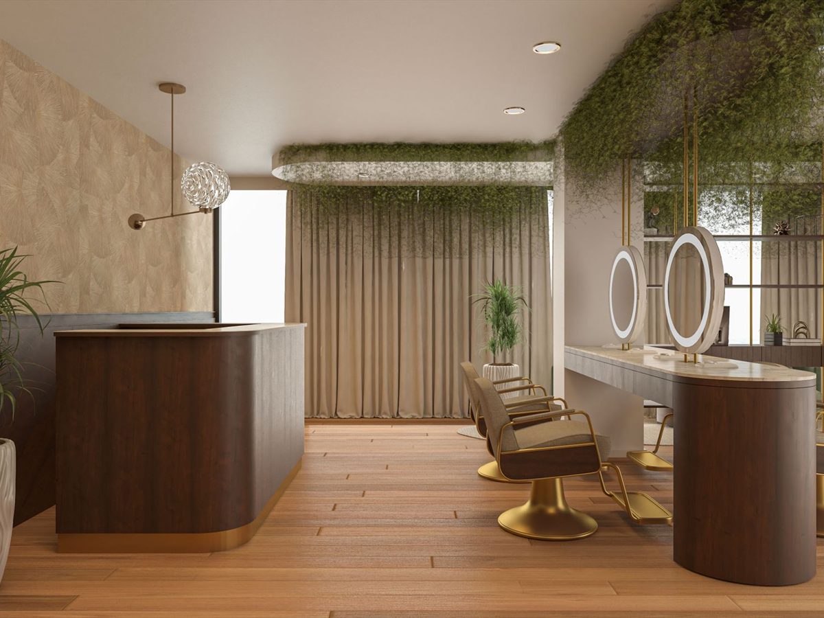 Shelving with haircare products and trailing plants
