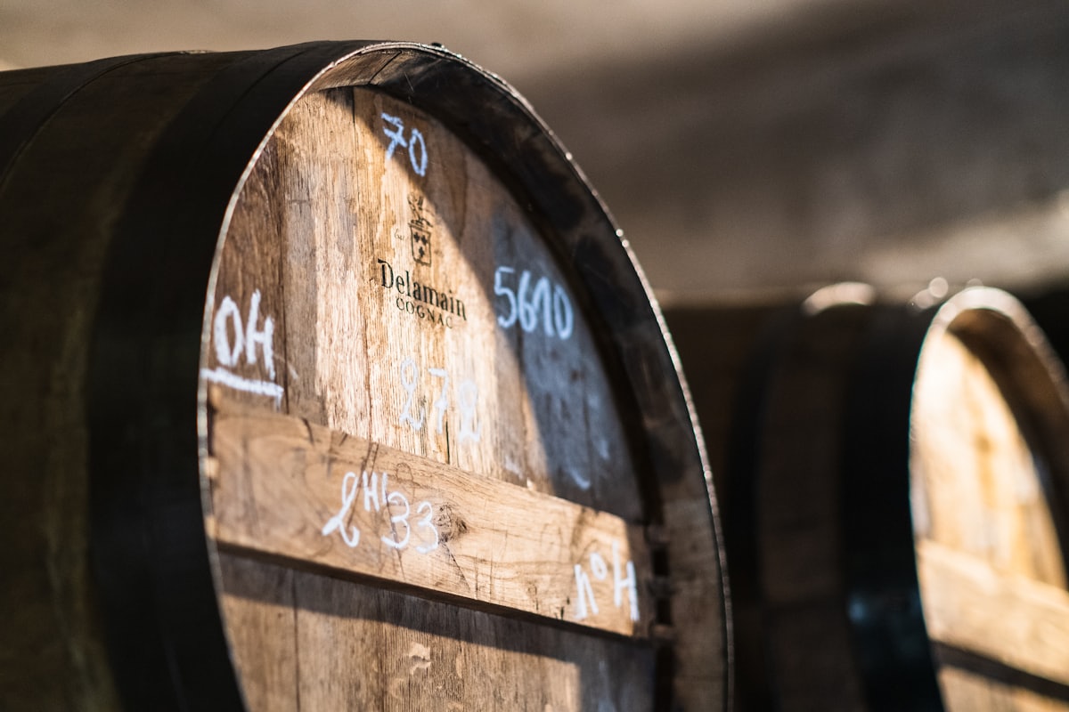 A close view of an oak barrel head