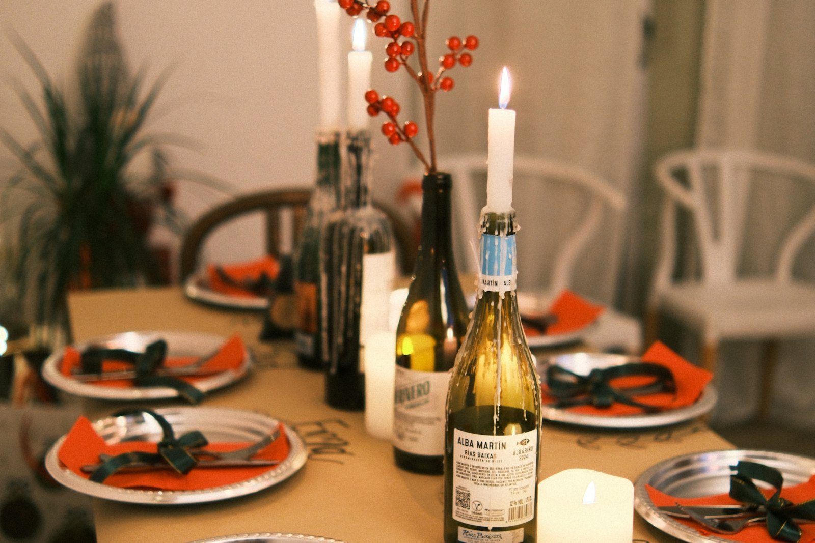 A formal dining table laid down the length of the room